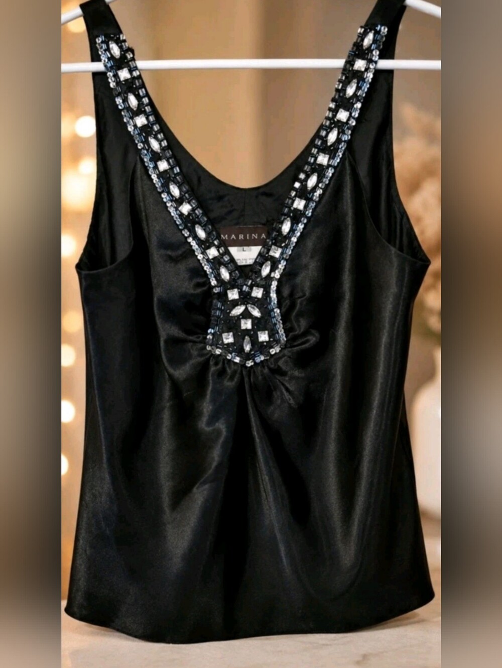 MARINA Black Satin Rhinstone Bling V-Neck Evening Top/Camisole L